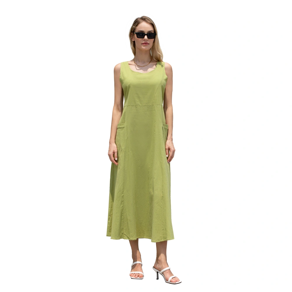 Women Solid Color Long Dress Solid Color Crew Neck A-line Dress