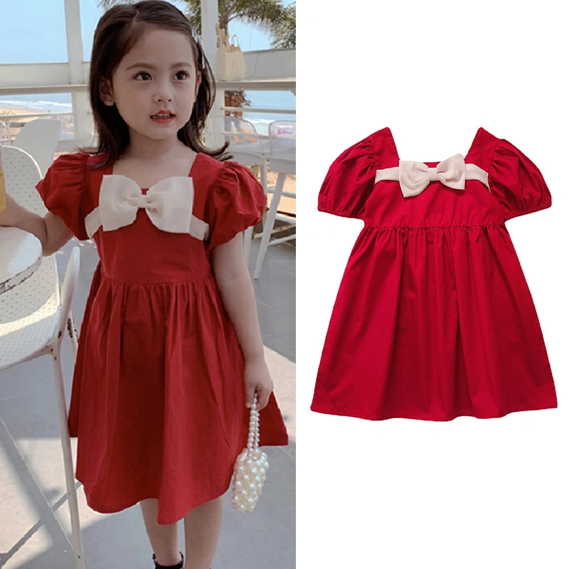 Girl’s Fashion Solid Color Bow Short Sleeve A-line Princess Dress