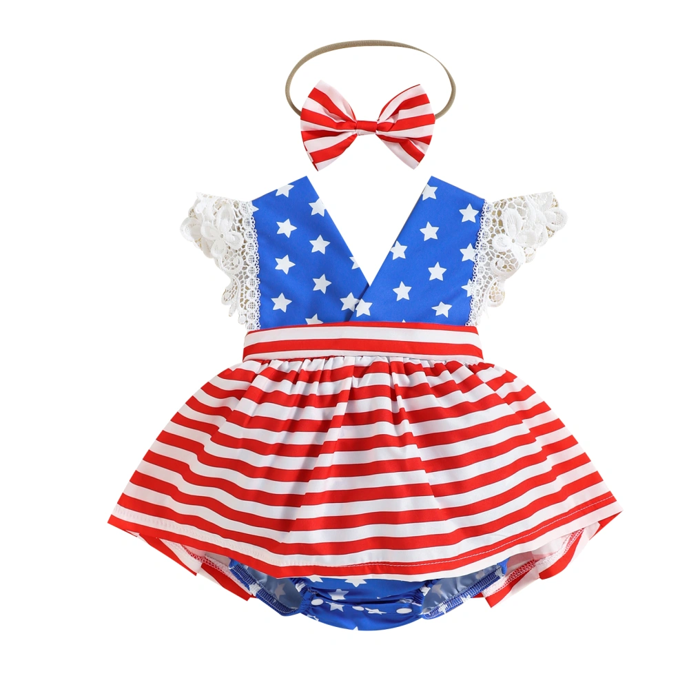 Baby Girl Jumpsuit Star Print Stripes Fly Sleeve Romper Headband