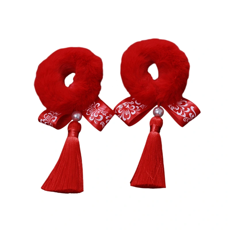 Chinese Style Hair Rope for Girls, Red Tassel Plush Hair Accessories