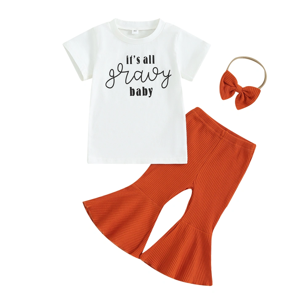 Girls Pants Set, Letters Print T-shirt with Flare Pants Headband