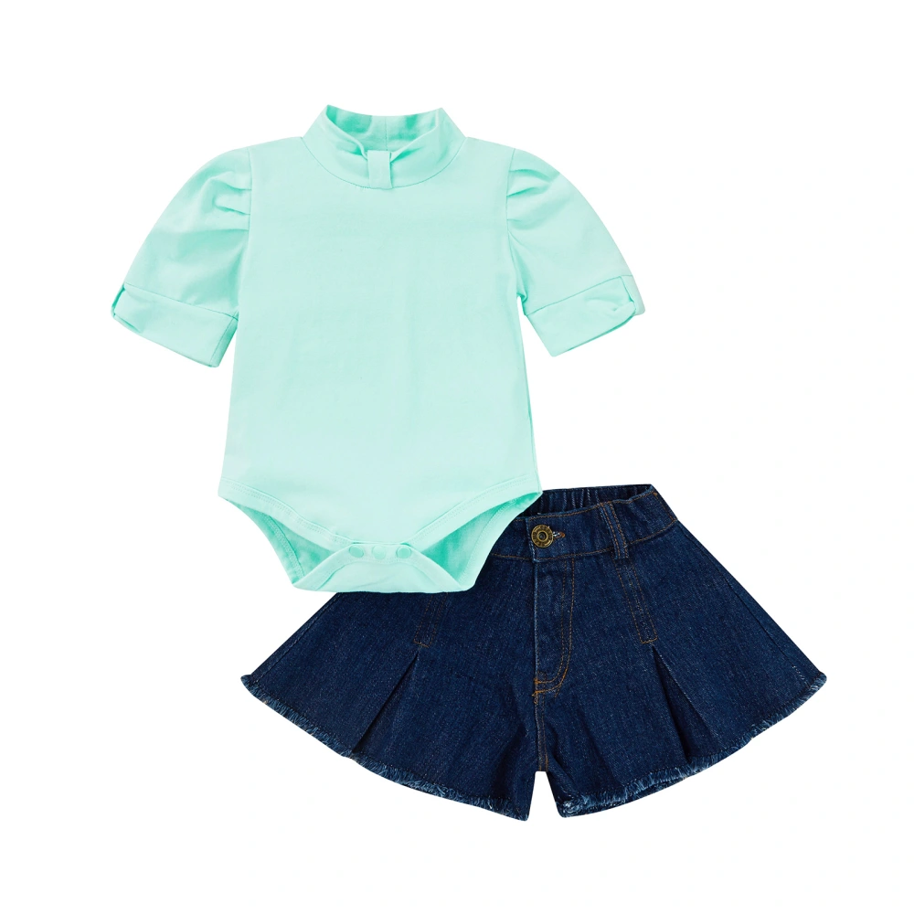 Girls Light Blue Short Puff Sleeve Romper + Dark Blue Denim Shorts