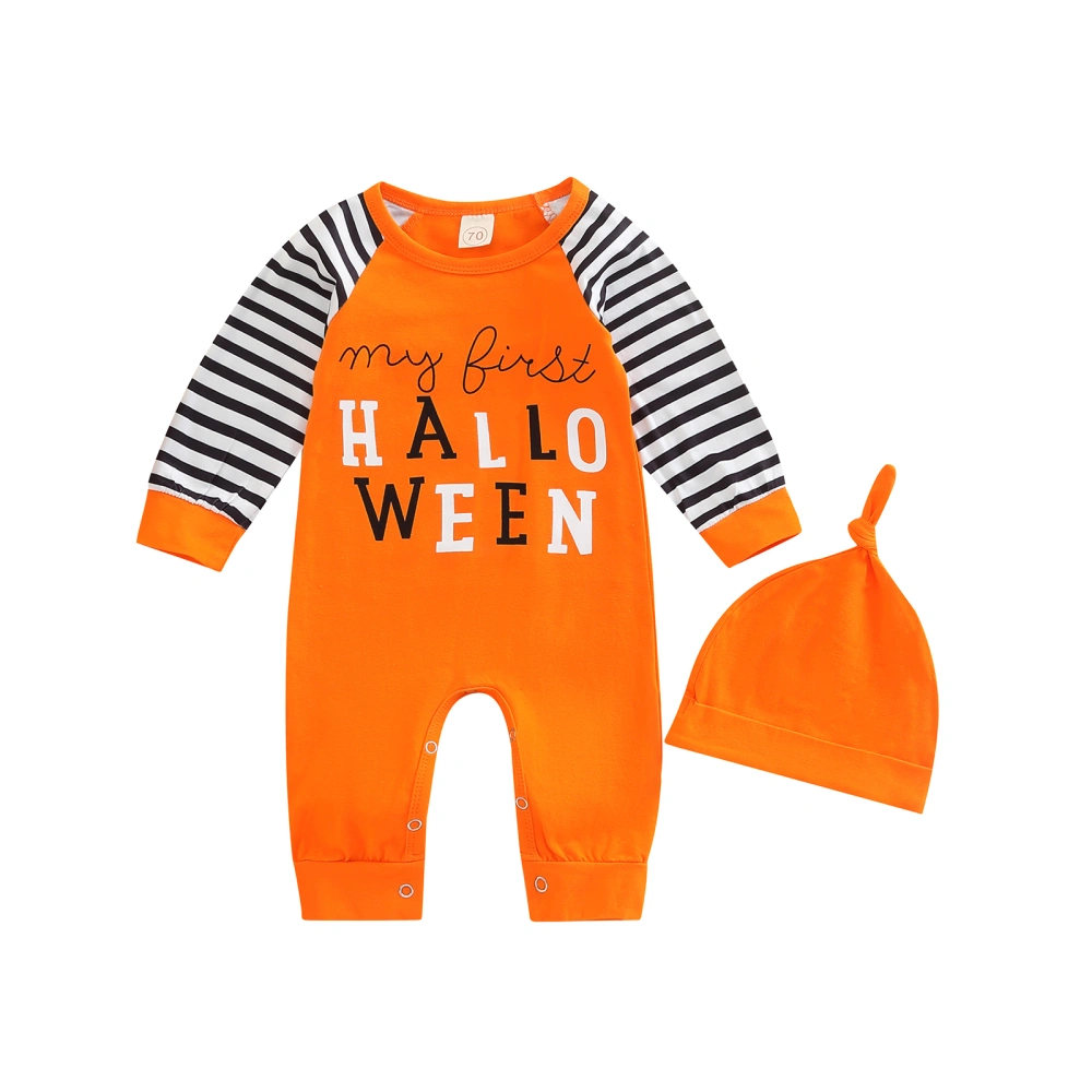 Baby Halloween Long Sleeve Striped Letters Print Fall Romper + Hat 