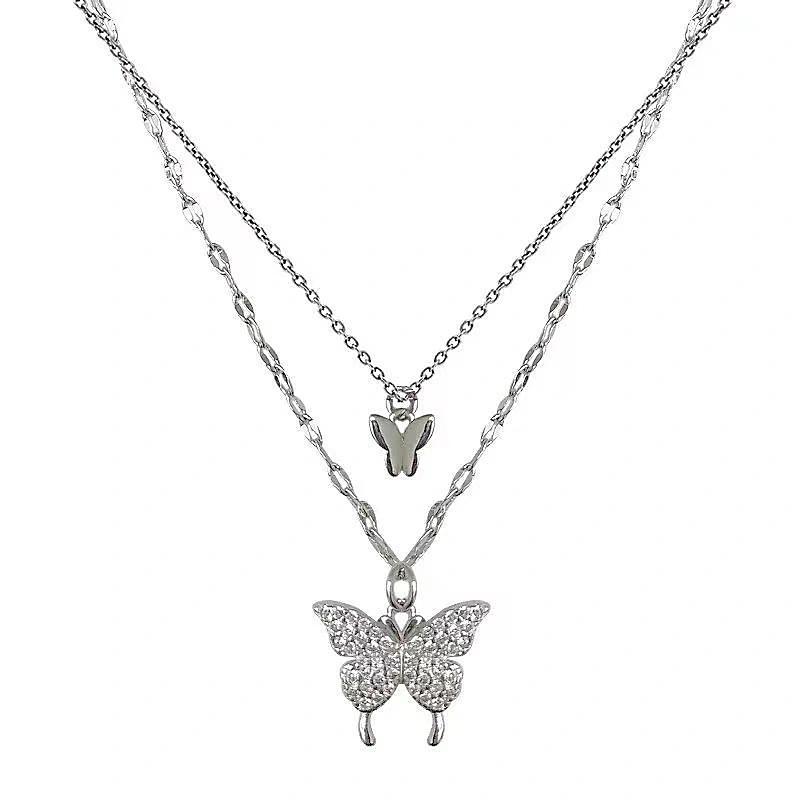 Ladies Double Layer Necklace, Butterfly Pendant Clavicle Chain 