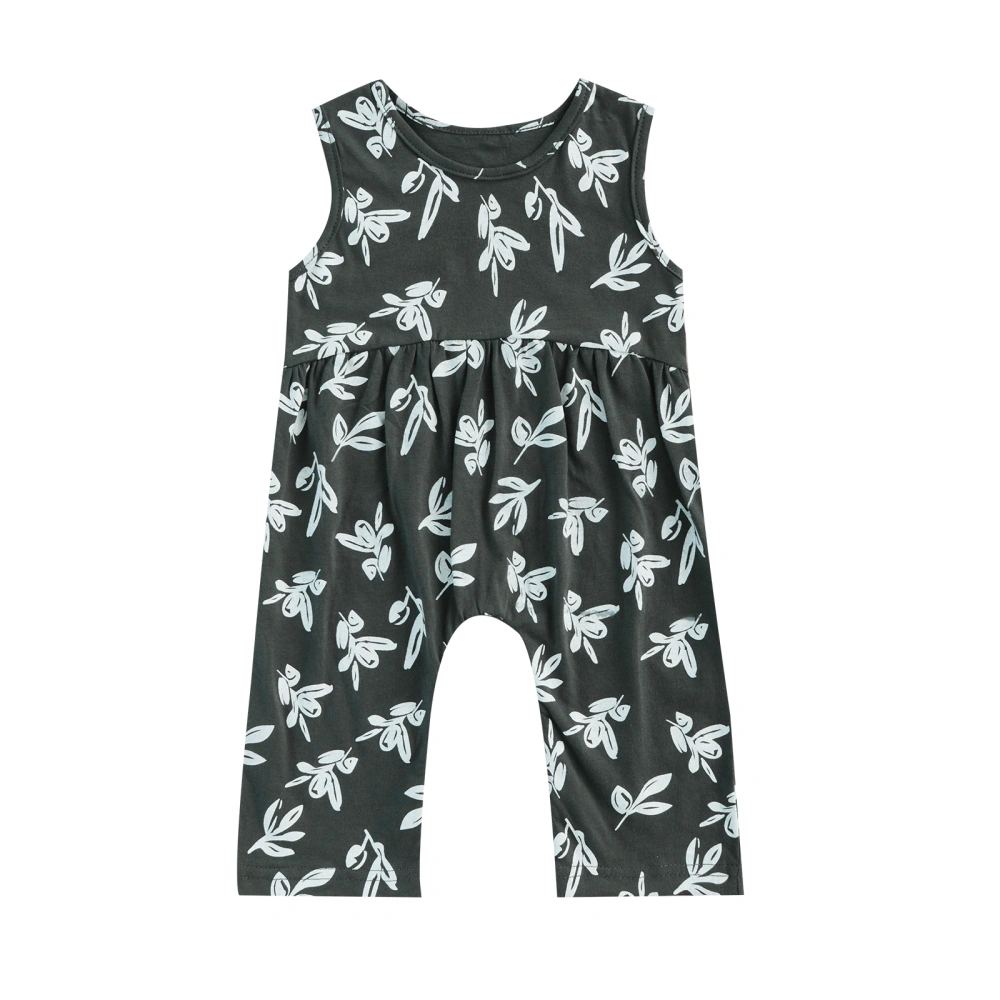 Baby Jumpsuit, Girls Leaf Print Round Neck Sleeveless Long Romper