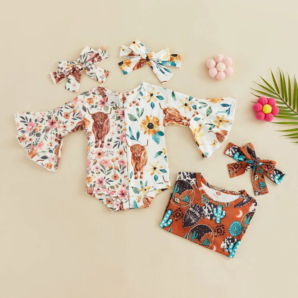 Infant Girls Romper and Headband, Flared Sleeves Printing Jumpsuit