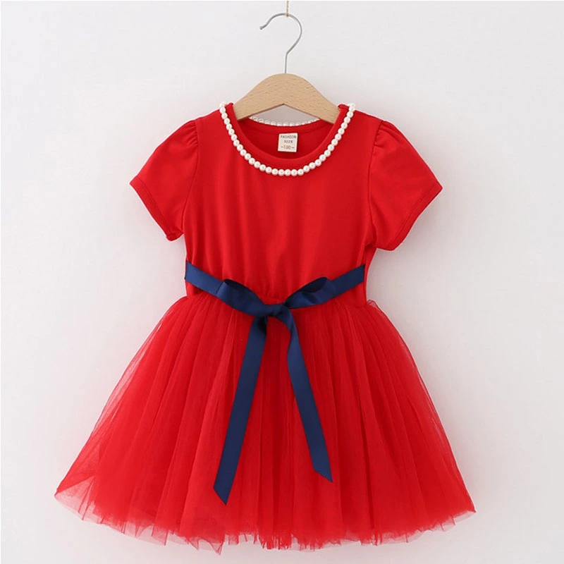 Kid Girl Dress, Short Sleeve Mesh Patchwork Dress with Pearl Necklace