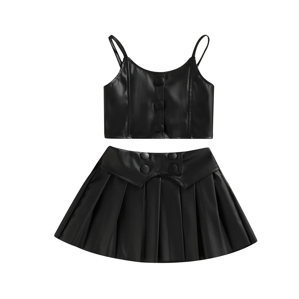 Girls Casual Suit, Solid Sleeveless Sling Tops+Pleated Short Skirt