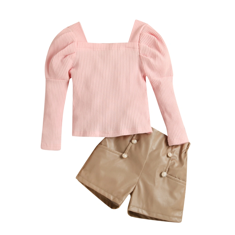 Girls Shorts Ribbed Long Sleeve Square Neck Tops + Metal Button Shorts