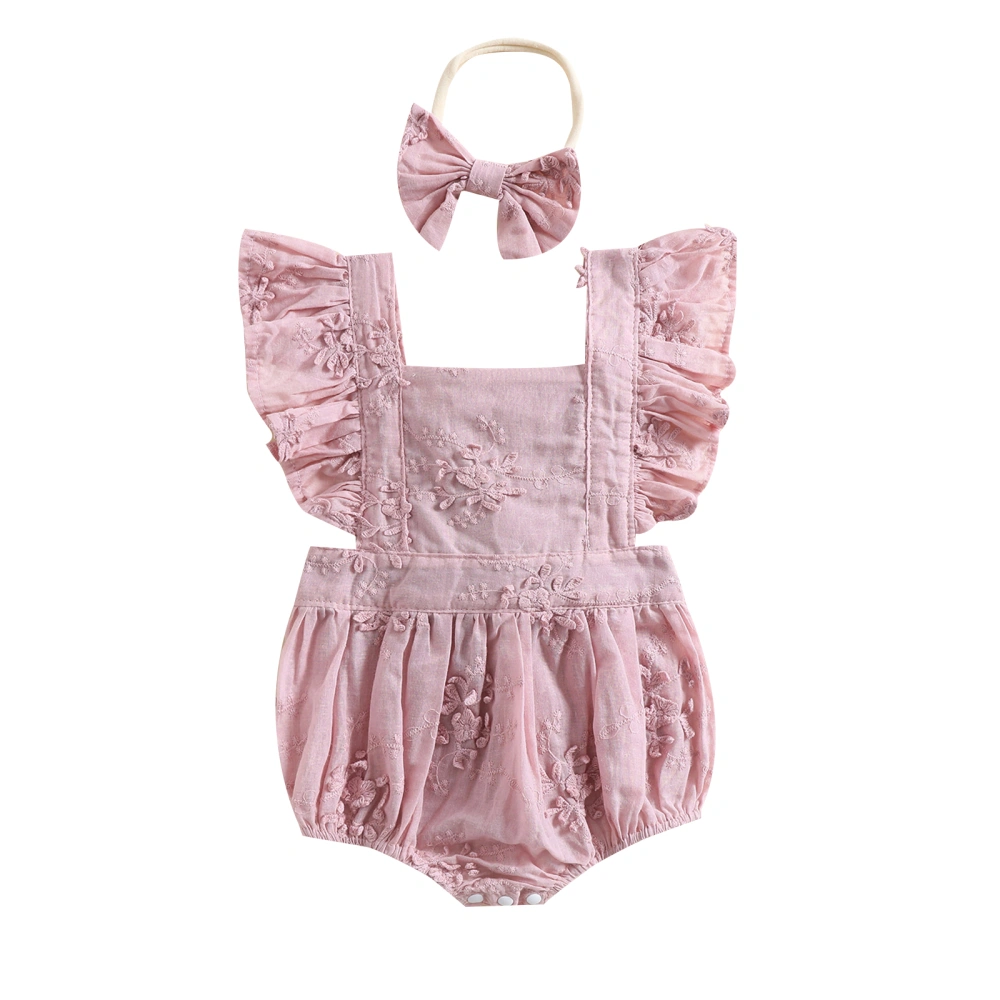 Baby Girls Romper, Plain Fly Sleeves Lace Tie-Up Romper + Headband