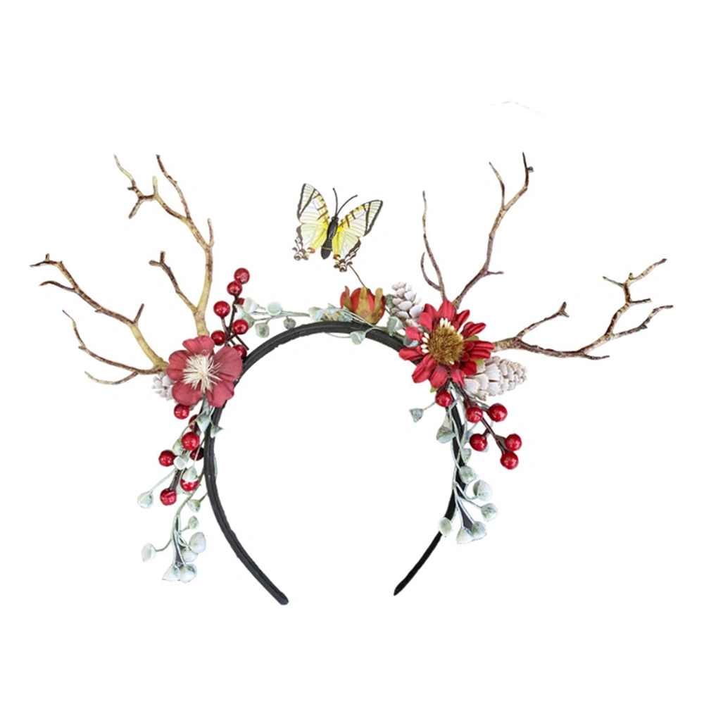 Headband Christmas Tree Branch Antlers Red Berry Butterfly Headband