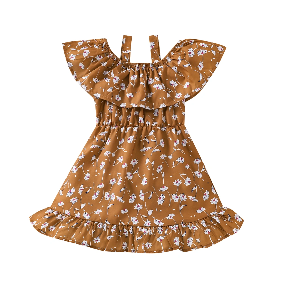 Little Girl’s Fashion Floral Ruffle Boat Neck Suspender A-line Dress