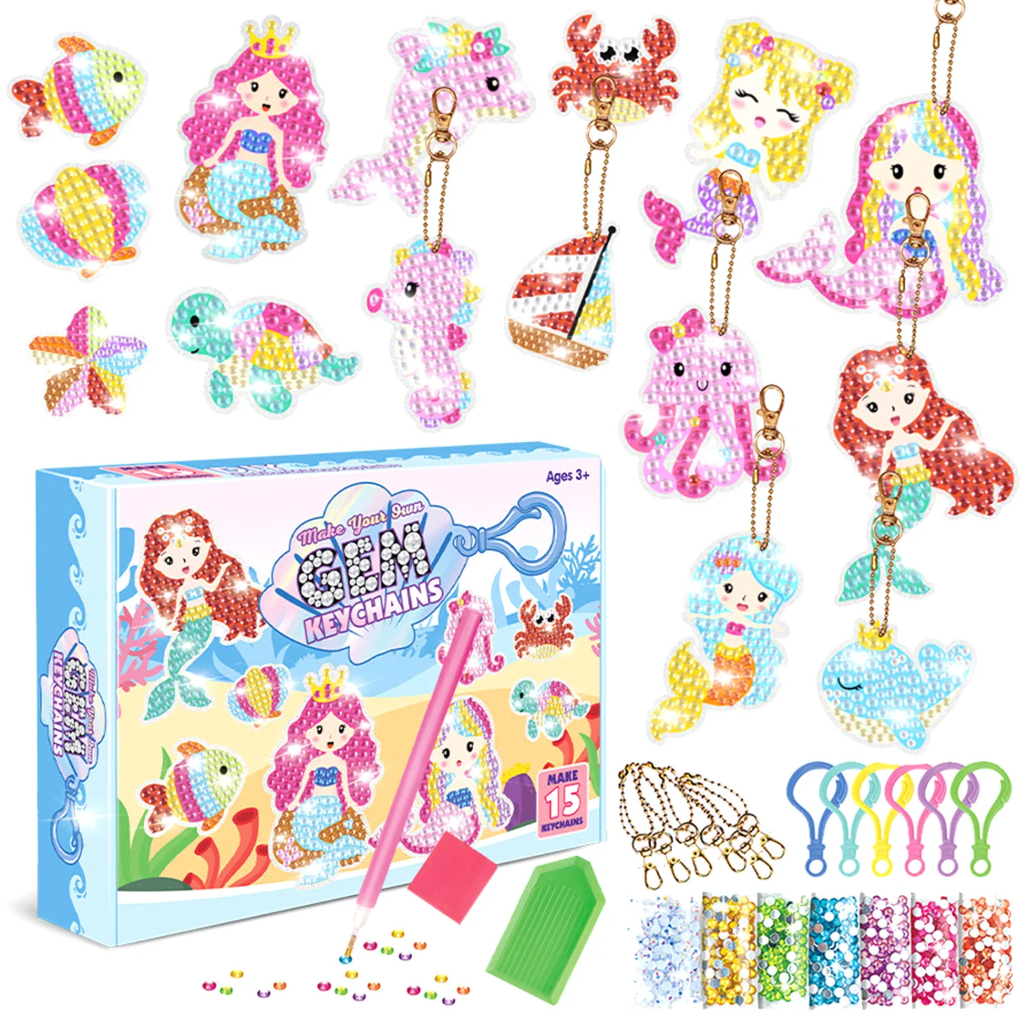 15Pcs Diamond Painting Kit for Kids Gem Art Paintings Key Chains Set