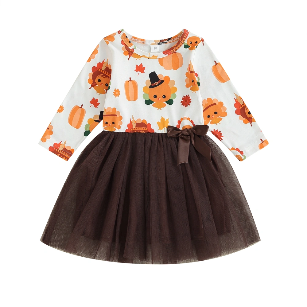 Girl Thanksgiving Pumpkin&Turkey Print Long Sleeve A-Line Dress