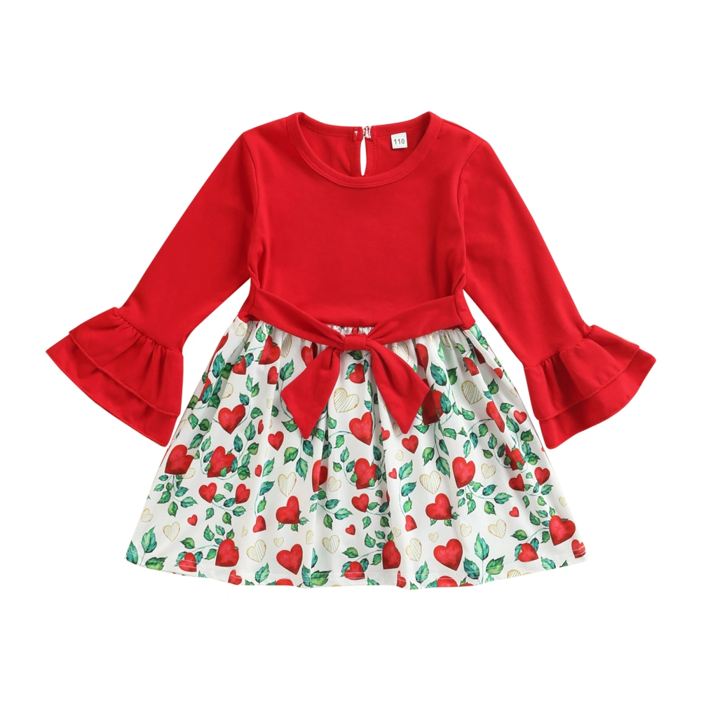 Baby Dress Round Neck Ruffle Floral Casual High Waist Red Midi