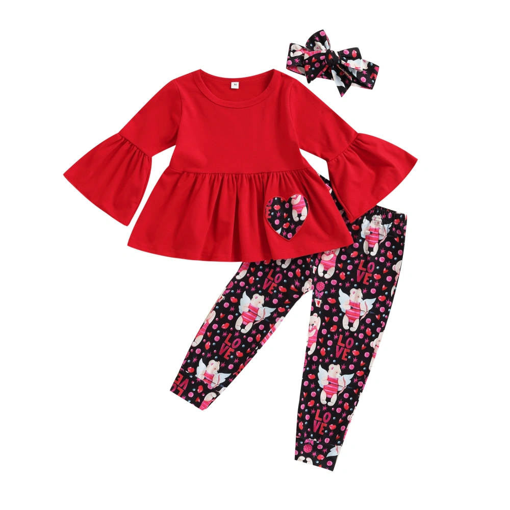 Girl's Three-Piece Suit Long Sleeve Tops + Bear Print Pants + Headband