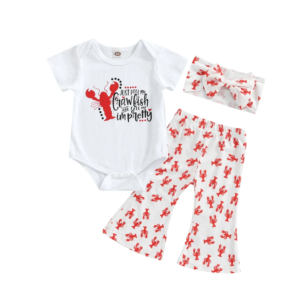 Baby Girl Trousers Suit Letter Romper Lobster Flared Pants Headband