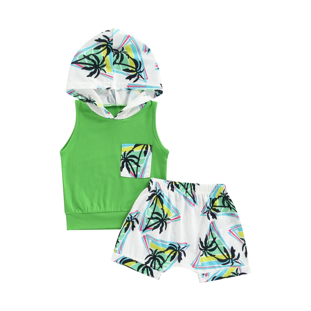 Infant Boy Clothes Set, Tree Print Hooded Pocket Tops + Casual Shorts