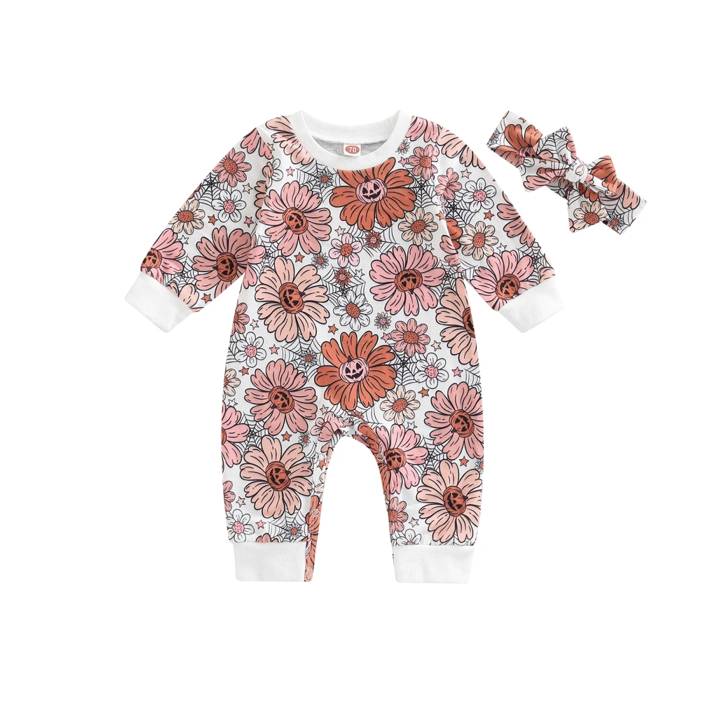 Baby Girl’s Pumpkin Flower Printed Long Sleeve Jumpsuit with Headband