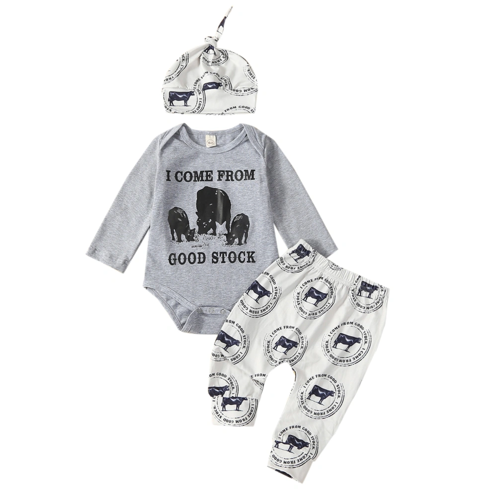 Baby Fall Outfits Long Sleeve Cow Print Romper + Pants + Hat Set