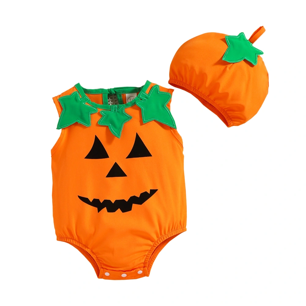 Baby Halloween Outfit, Pumpkin Round Neck Sleeveless Romper + Hat Set