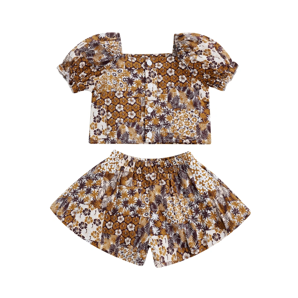 Girl's Two-Piece Suit, Floral/Leaf Print Short Sleeve Tops + Shorts