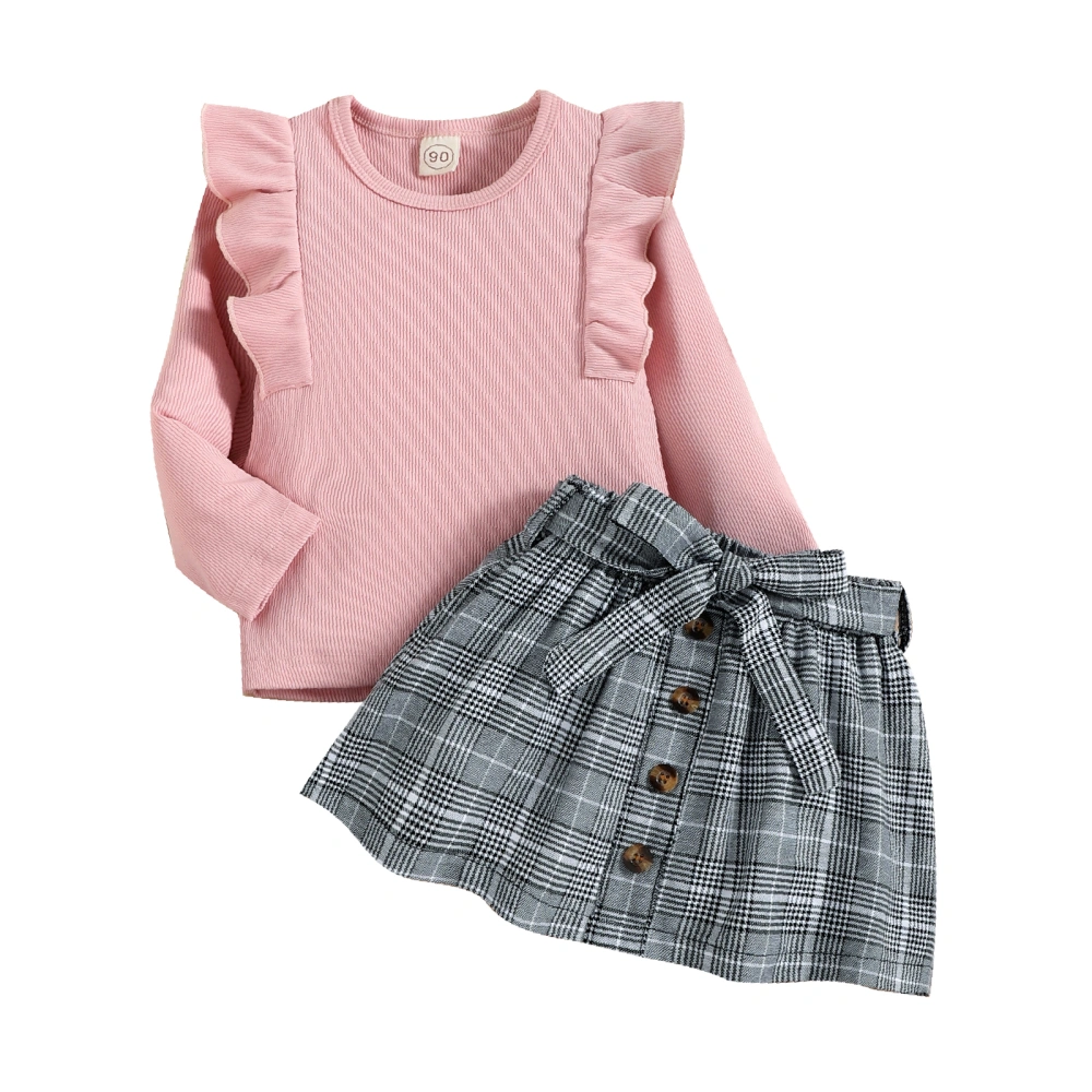 2Pcs Girls Fall Outfits, Long Sleeve T-Shirt + Plaid Belted Skirt