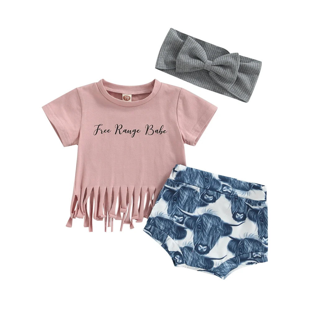 Baby Shorts Suit Letter Fringe Hem Tops + Bull Head Shorts + Hairband 