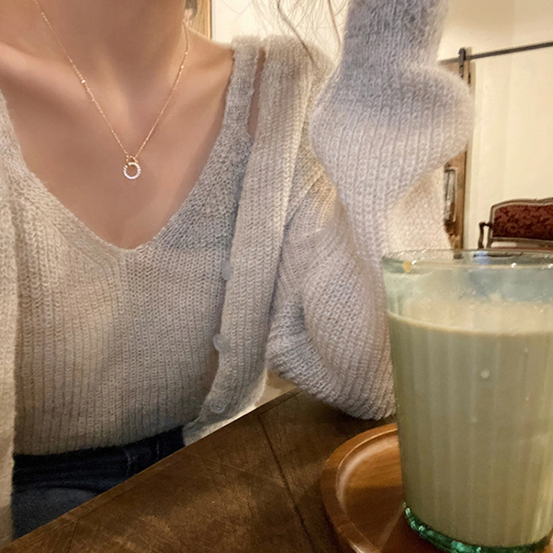 Zircon Geometric Necklace, Double Ring Interlocking Clavicle Chain 