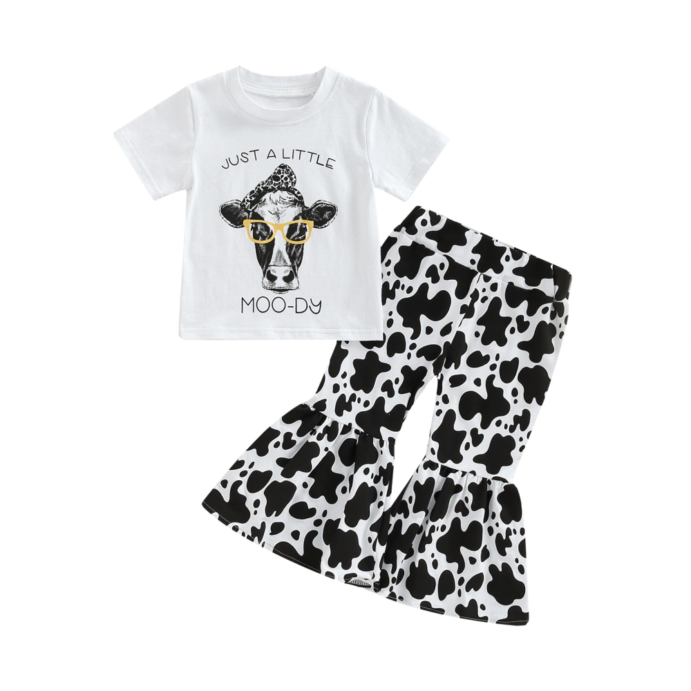 Girl Short Sleeve Bull Head T-Shirt + Cow Print Flared Trousers