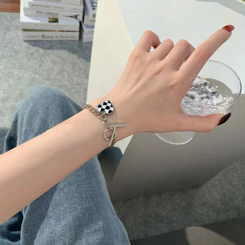 Women/Girls Bracelets, Checkered Grid Heart-Shaped Pendant Bracelet