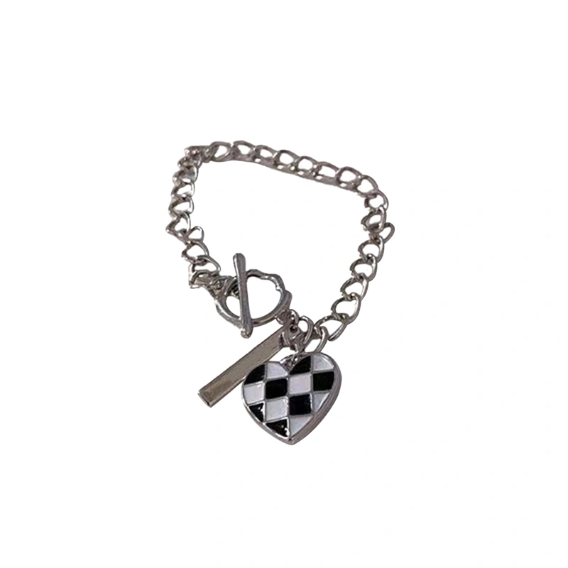 Women/Girls Bracelets, Checkered Grid Heart-Shaped Pendant Bracelet