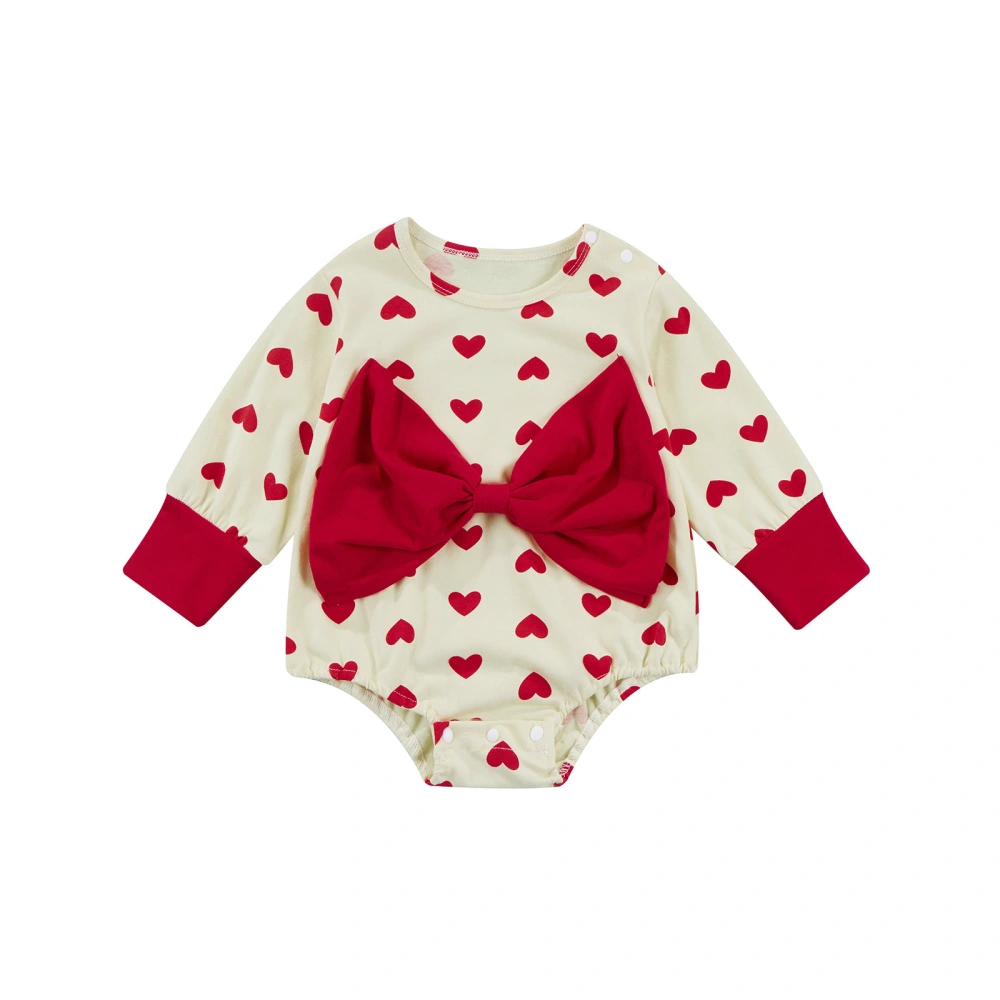 Baby Girl’s Fashion Heart Print Bow Round Neck Long Sleeve Romper