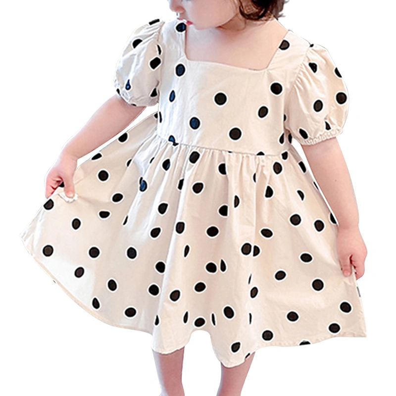 Girl Summer Beige Short Puff Sleeve Square Neck Dot Print A-line Dress