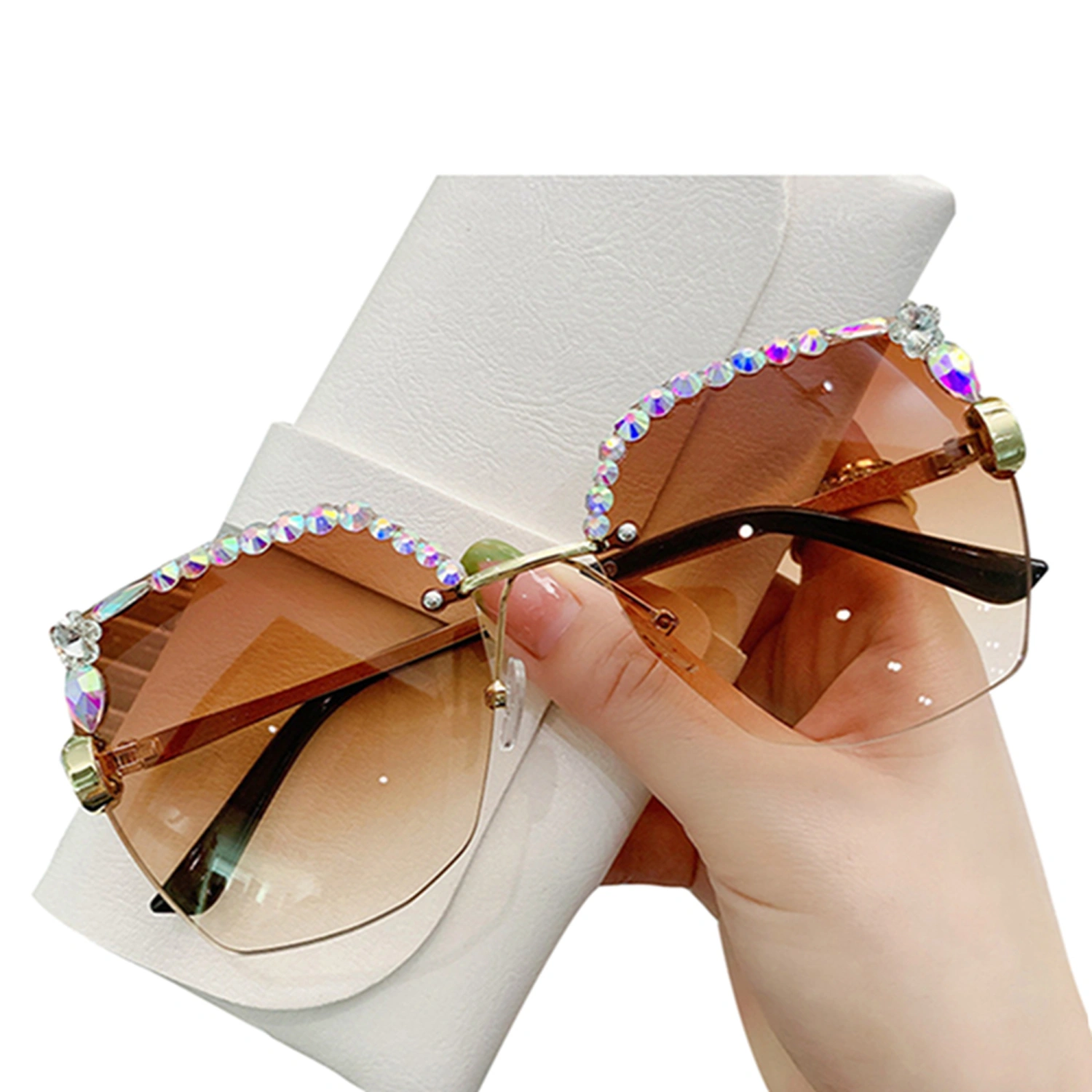 Women Frameless Sunglasses Sparkling Rhinestones Sports Sun Glasses 