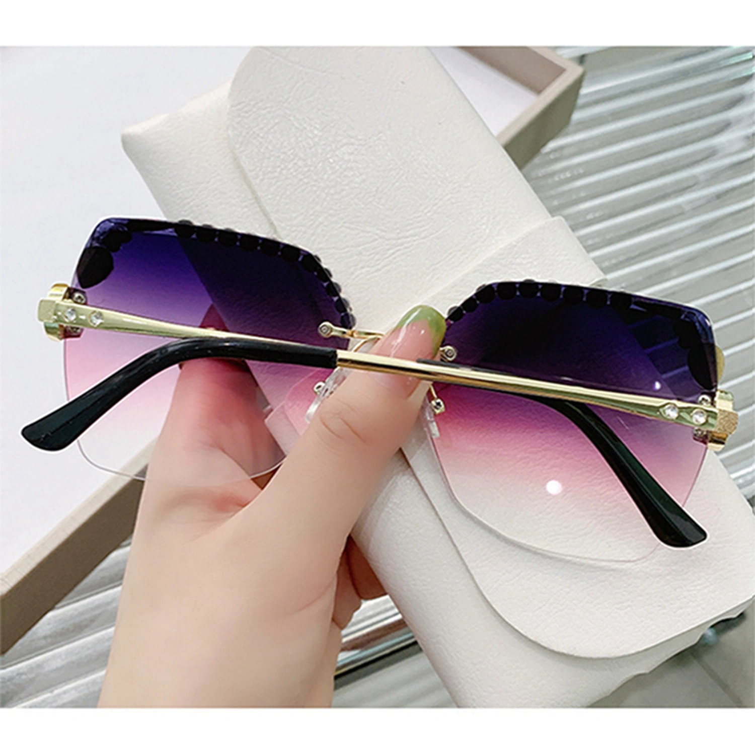 Women Frameless Sunglasses Sparkling Rhinestones Sports Sun Glasses 