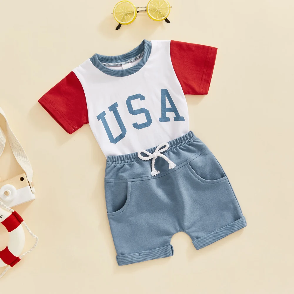 Baby Letter Print Round Neck Short Sleeve T-Shirt+ Shorts with Pockets