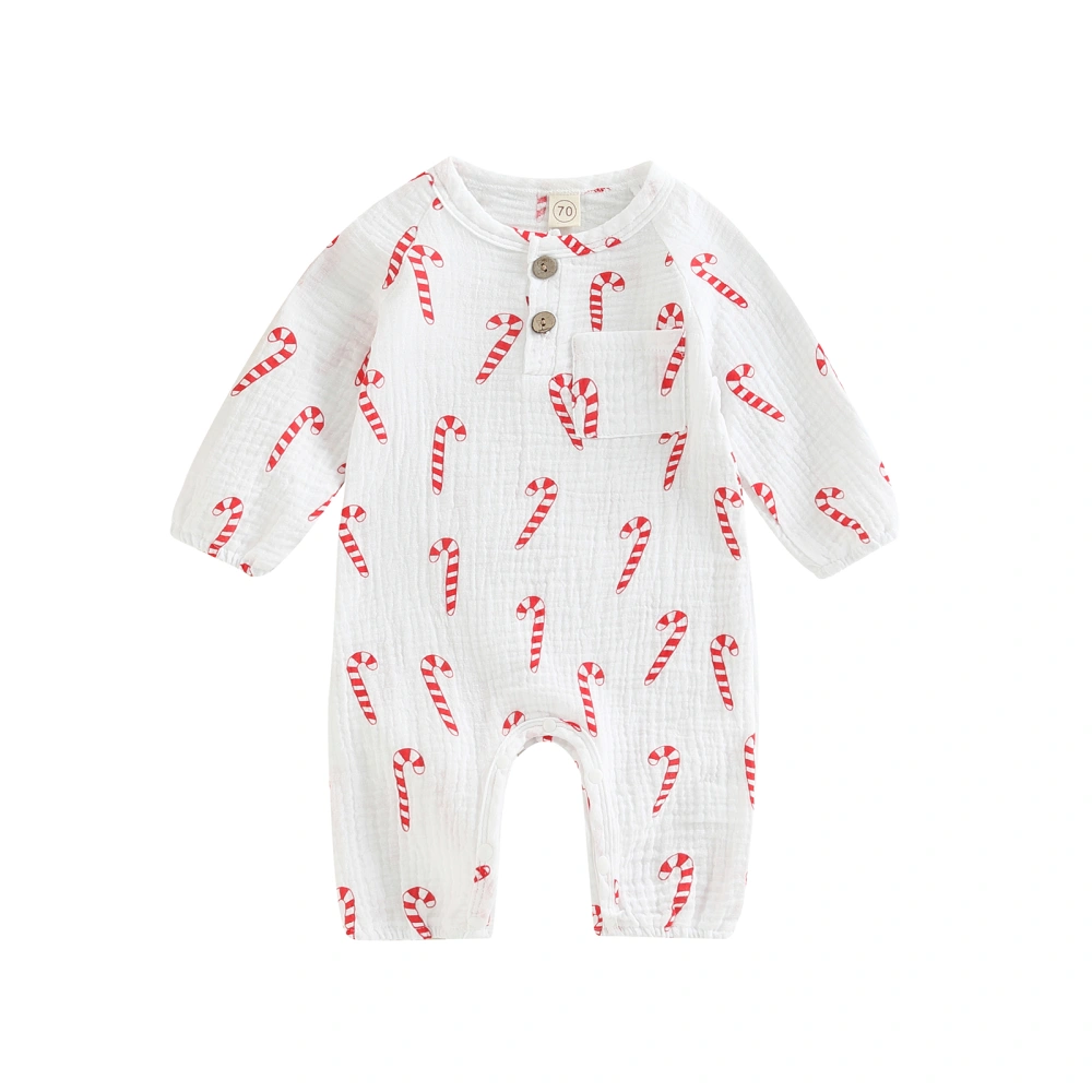 Baby Christmas Romper, Candy Cane Print Long Sleeve Jumpsuit