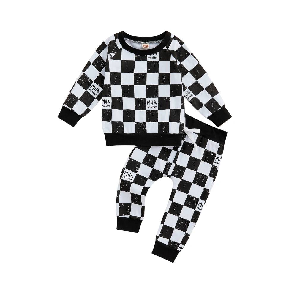 Baby 2Pcs Fall Outfits, Checkerboard Letter Print Tops + Pants Set