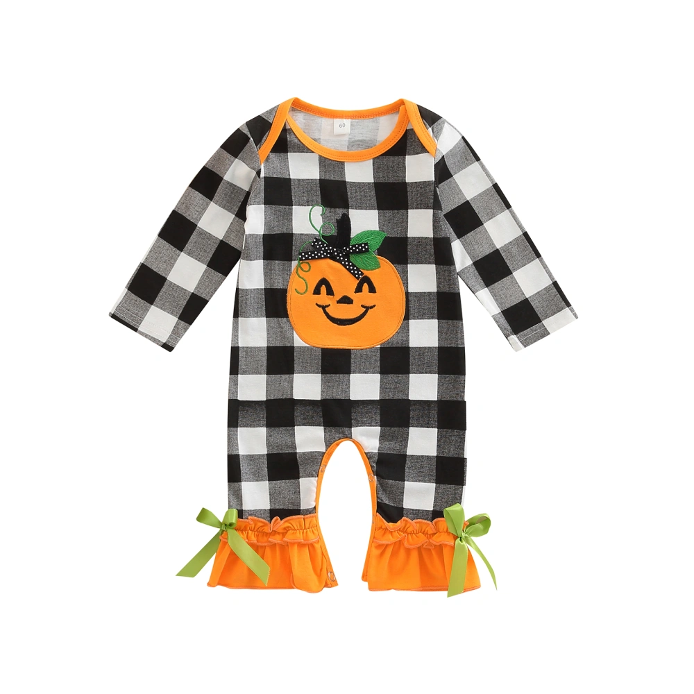 Baby Girls Jumpsuits Pumpkin Embroidered Long Sleeves Plaid Romper