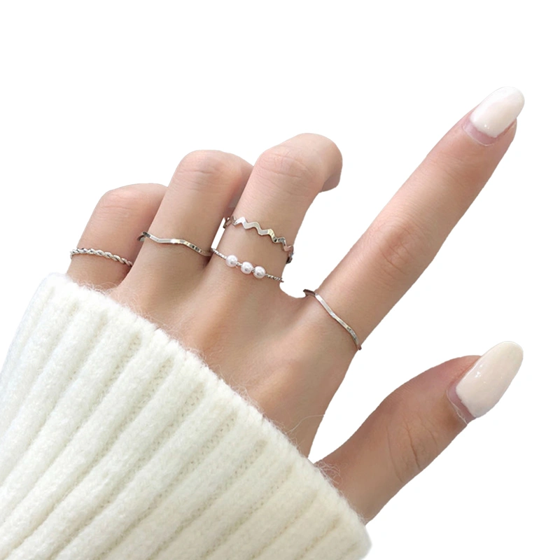 5pcs Women Rings, Gold/Silver Wavy Pearl Ring Combo Jewelry Gift 