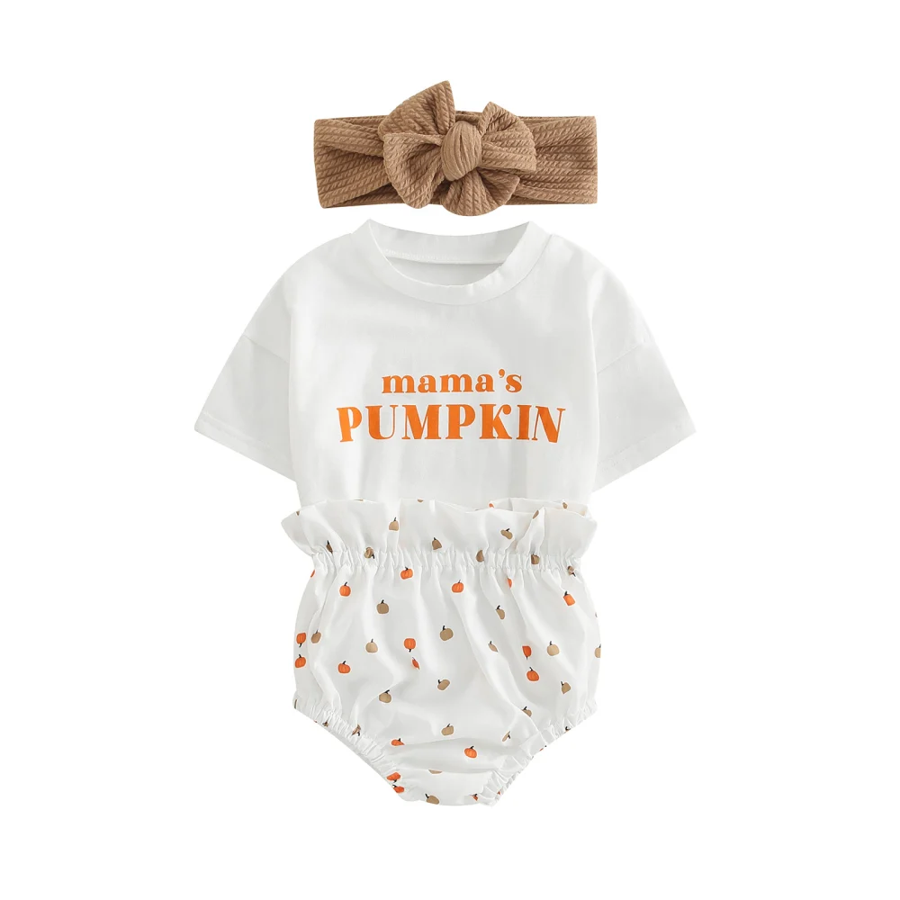 Baby Girls Outfit, Print Romper + Pumpkin Print Bloomers + Headband