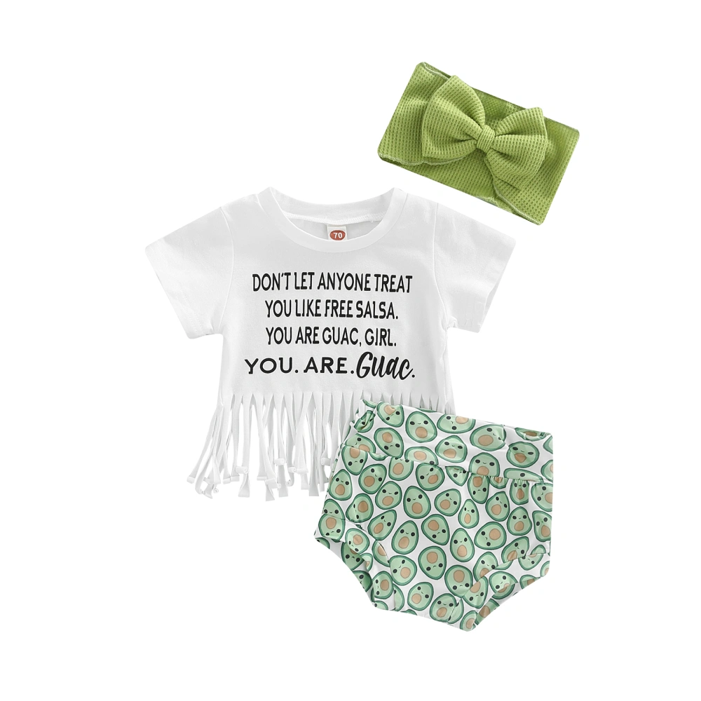 Baby Girls Sweet Style Outfit, Tassels Hem Tops, Avocado Shorts