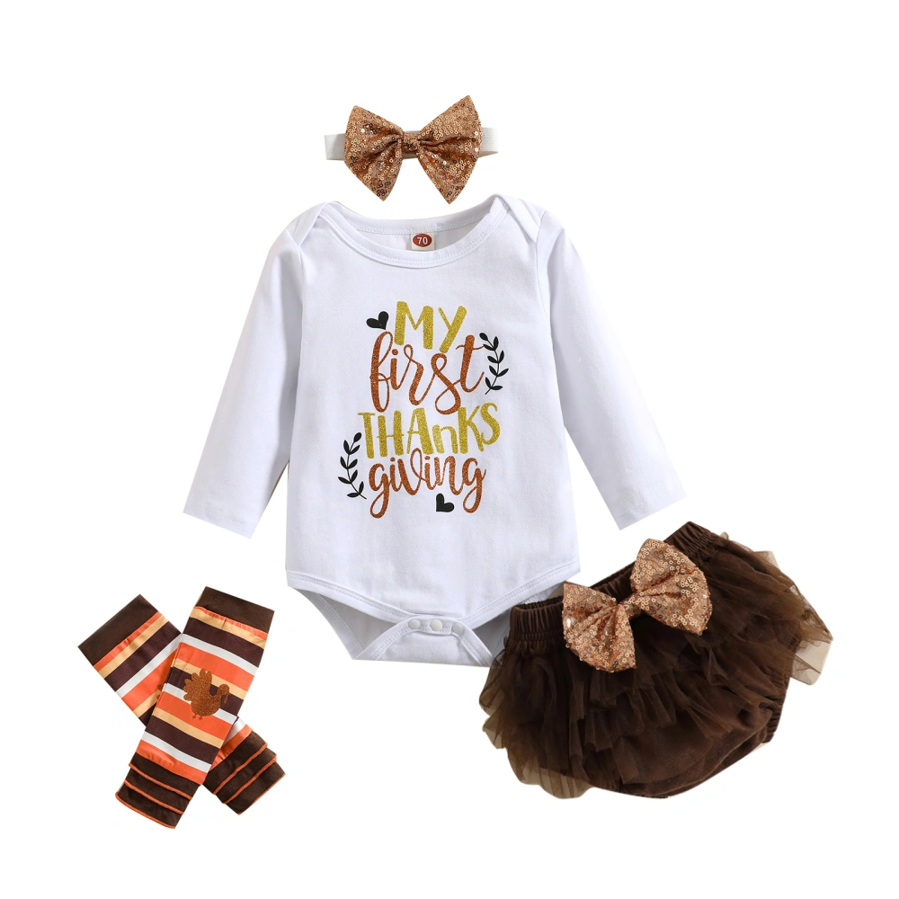 Girls Long Sleeve Thanksgiving Day Romper + Skirt + Headband + Socks