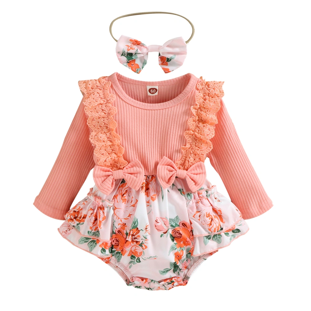 Baby Girl Round Neck Floral Ruffle Loose Short Romper+ Headband 