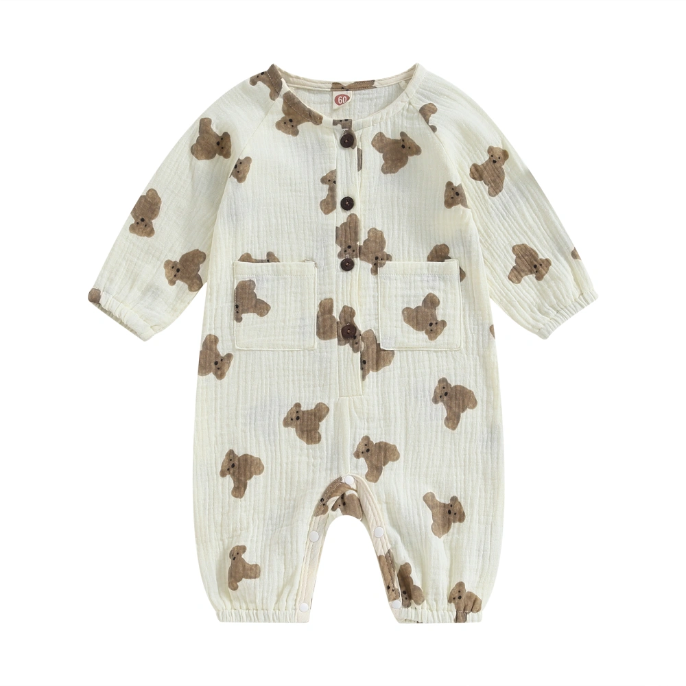 Toddler Rompers Bear Print Button Long Sleeve Jumpsuit with Pockets 