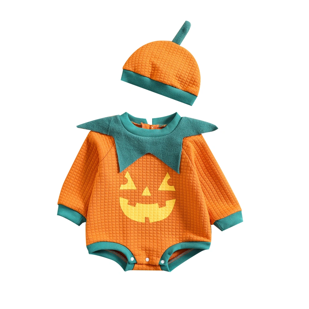 Baby Halloween Pumpkin Ghost Face Print Long Sleeve Jumpsuit + Cap