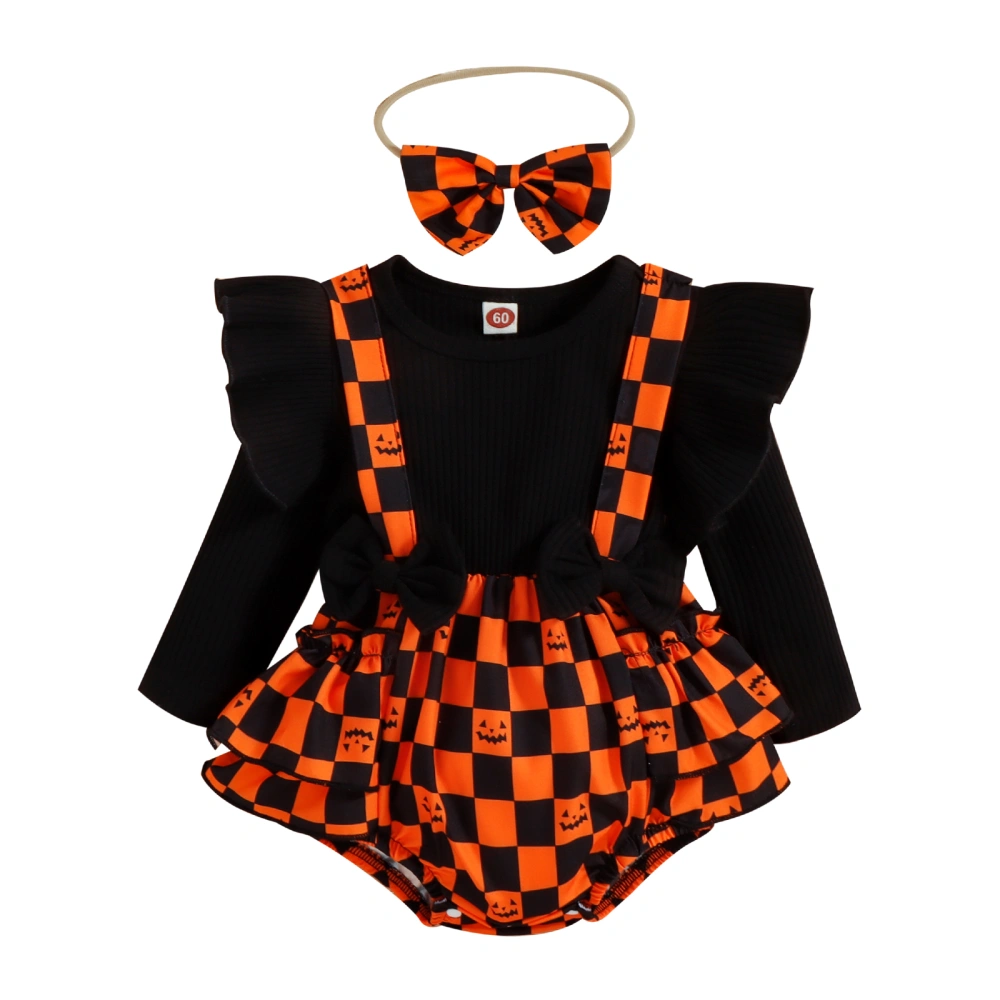 Baby Girl Halloween Suits, Long Sleeve Print Romper + Headband Set