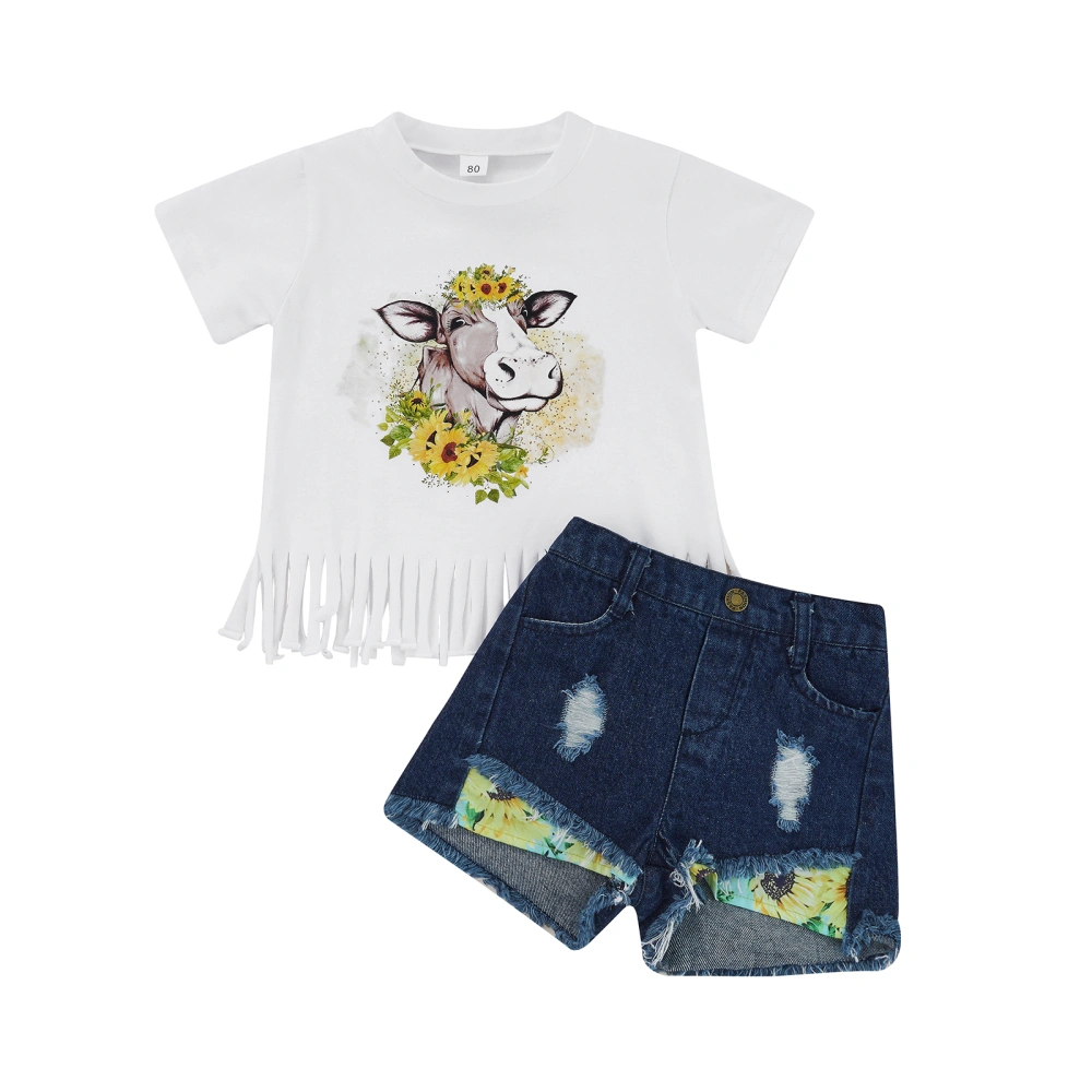 Girls 2Pcs Summer Outfits, Cow Print Tops + Distressed Denim Shorts