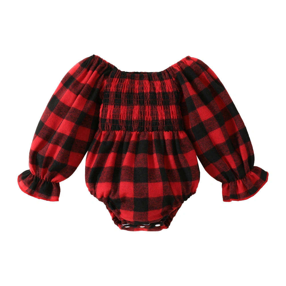 Baby Girls Christmas Romper, Off-shoulder Pleated Plaid Bodysuit